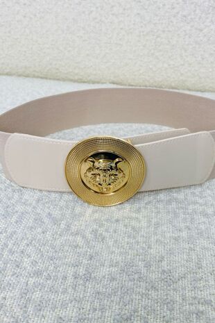 Beige Strap Tiger Decor Round Buckle Fashion Belt