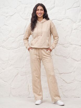 Beige Butterfly Embossed Hoodie Straight Leg Jogger