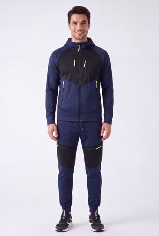 Navy With Black Color block Slim Fit Hooded Jacket & Joggers