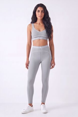 Grey Striped Printed Band Gym Crop Top And Legging Set