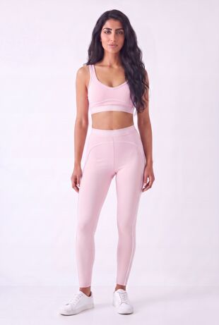 Pink Striped Band Gym Crop Top And Legging Set