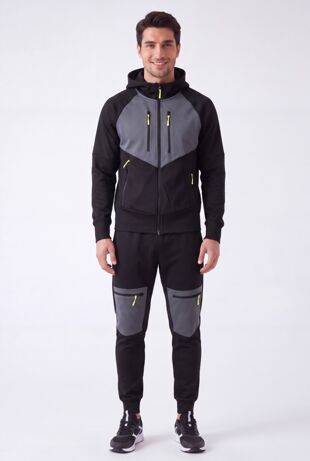 Black With Slate Grey Color block Slim Fit Hooded Jacket & Joggers