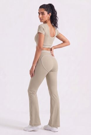 Beige V Neck Crop Top With High Waist Flare Leggings