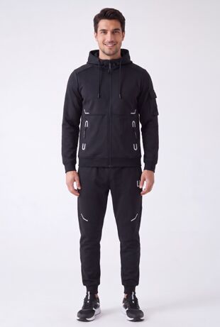 Black Softshell Inside Fleece Hooded Windbreaker Jacket With Jogger