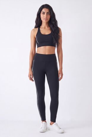 Black Sculpting Contrast Piping Crop Top And High Waisted Legging Set