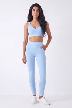 Blue Striped Printed Band Gym Crop Top And Legging Set