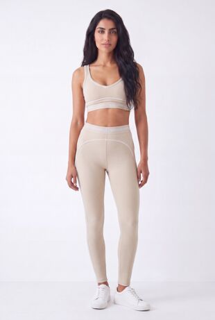 Beige Striped Printed Band Gym Crop Top And Legging Set