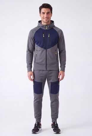 Slate Grey With Navy Color block Slim Fit Hooded Jacket & Cargo Joggers