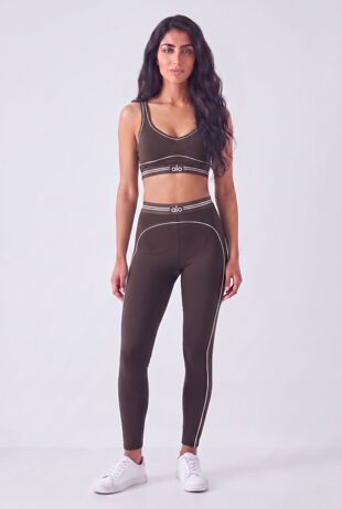 Brown Striped Printed Band Gym Crop Top And Legging Set