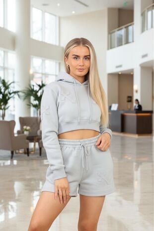 Dove Grey Crucifix Cross Cropped Hooded Short Set
