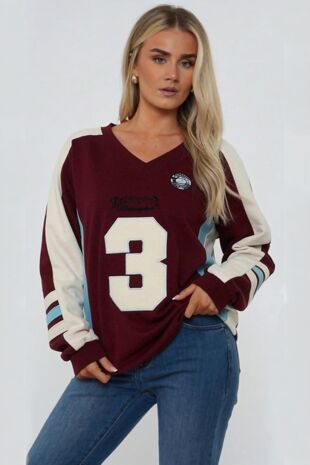 Wine Oversized Athletic Slogan Varsity Sweatshirt
