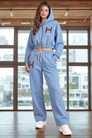 H-Buckle Detail Cropped Zipped Hoodie With Wide Leg Joggers