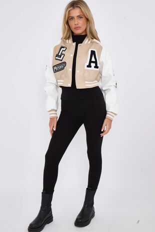 Stone Faux Leather Cropped Contrast Varsity Bomber Jacket