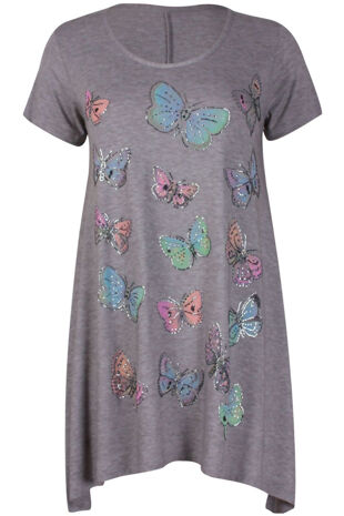Plus Size Grey Butterfly Printed Asymmetry Top