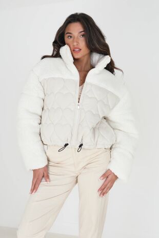 Cream Padded Heart Quilted Jacket With Fleece Panel And Sleeves