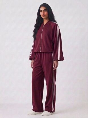 Zip Up T-shirt Lounge Co-ord Set with Wide-Leg Trousers