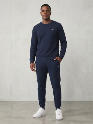 Navy Fleece Basic Printed Crew Neck Tracksuit