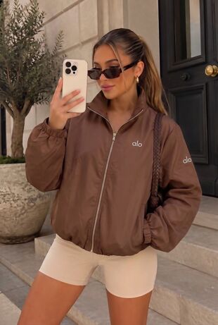 Chocolate Balloon Sleeve Printed Lined Zip Windbreaker Jacket