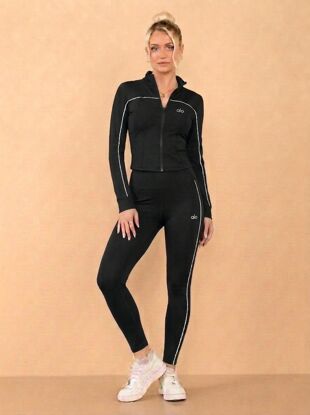 Black Printed Striped Long Sleeve Active Top And Legging Energy Gym Set