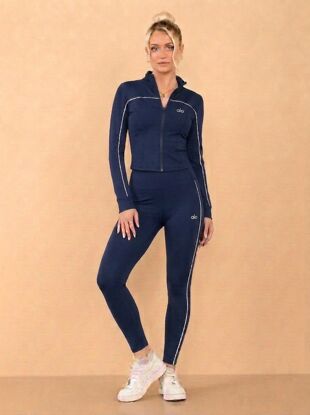 Navy Printed Striped Long Sleeve Active Top And Legging Energy Gym Set