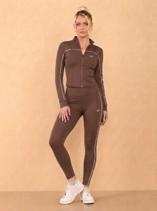 Taupe Striped Long Sleeve Active Top And Legging Energy Gym Set