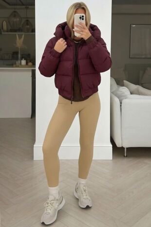 Wine Short Hooded Puffer Coat