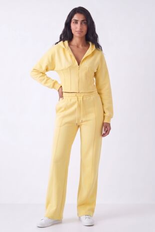 Yellow Ribbed Corset Fit Hoodie With Straight Leg Trouser