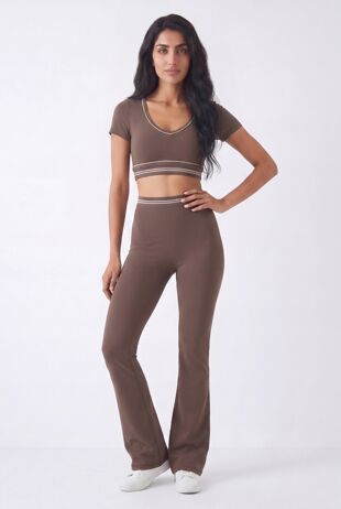 Brown V Neck Crop Top With High Waist Flare Leggings