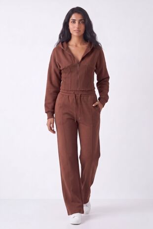 Brown Ribbed Corset Fit Hoodie With Straight Leg Trouser