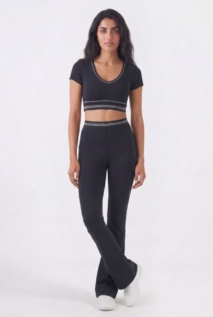 Black V Neck Crop Top With High Waist Flare Leggings