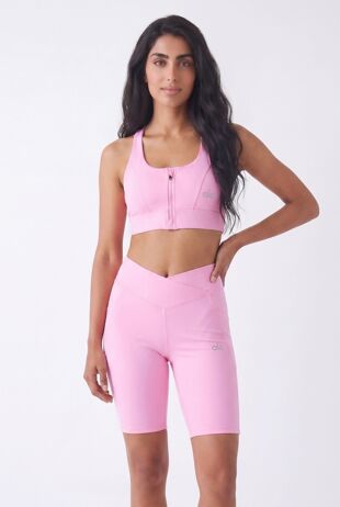 Pink Zip Front Printed Gym Crop Top With Cycling Short Set