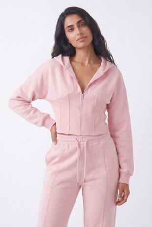 Pink Ribbed Corset Fit Hoodie With Straight Leg Trouser