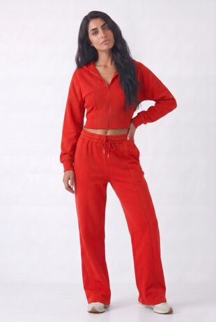 Red Ribbed Corset Fit Hoodie With Straight Leg Trouser