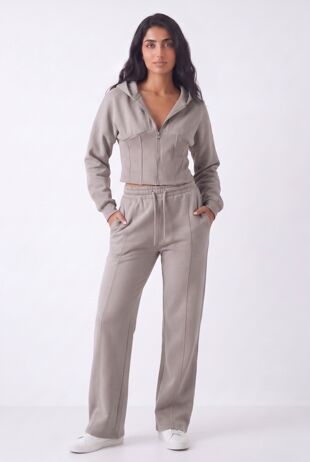 Dove Grey Ribbed Corset Fit Hoodie With Straight Leg Trouser