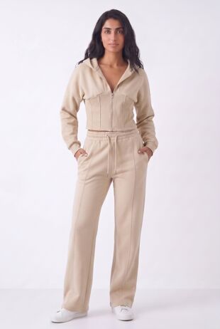 Oatmeal Ribbed Corset Fit Hoodie With Straight Leg Trouser