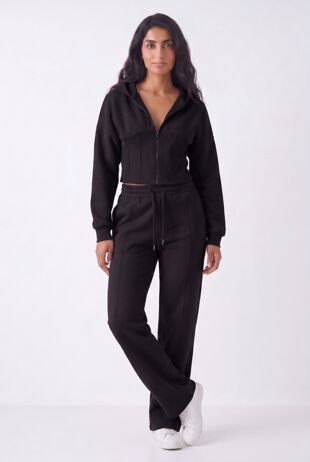 Black Ribbed Corset Fit Hoodie With Straight Leg Trouser