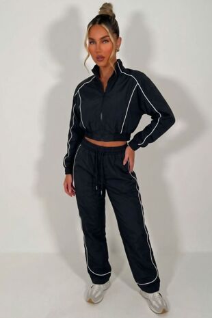 Black Water Resistant Zip Through Crop Top & Joggers Co-ord