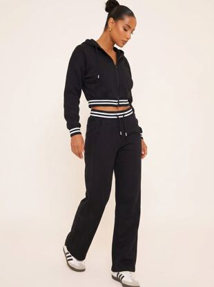 Black Hooded 2 Stripe Zip Up Jumper With Straight Leg Jogger