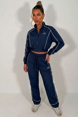 Navy Printed Water Resistant Zip Through Crop Top & Joggers Co-ord