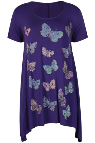 Plus Size Purple Butterfly Printed Asymmetry Top