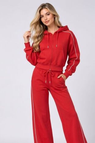 Red Hooded Zip-Up & Stripe Detail Jogger Tracksuit Set