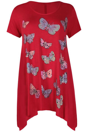 Plus Size Red Butterfly Printed Asymmetry Top