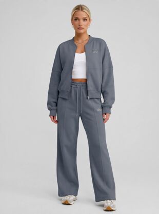 Slate Grey Printed Bomber Sweatshirt With Straight Leg Jogger
