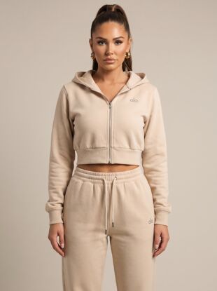 Beige Printed Cropped Hoodie and Joggers Co-Ord