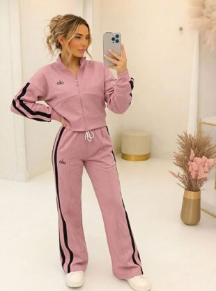 Pink Printed Interlock 2 Stripe Sweatshirt With Wide Leg Trouser