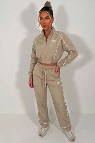 Beige Printed Water Resistant Zip Through Crop Top & Joggers Co-ord