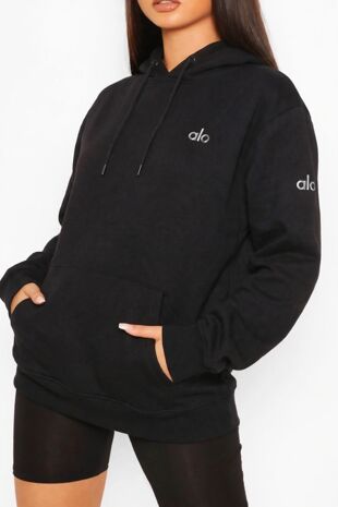 Black Printed Oversized Pullover Hoodie