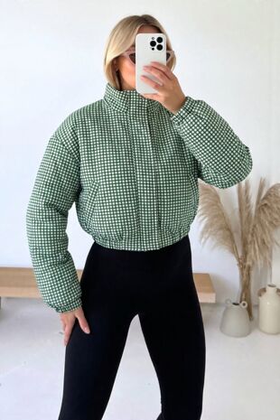 Green Zip Up Gingham High-Neck Cropped Jacket