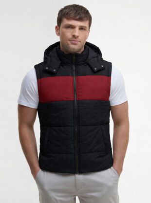 Black and Red Hooded Padded Puffer Gilet