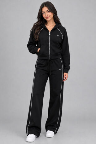 Hooded Elastic Cropped Printed Zip-Up & Side-Stripe Jogger Set